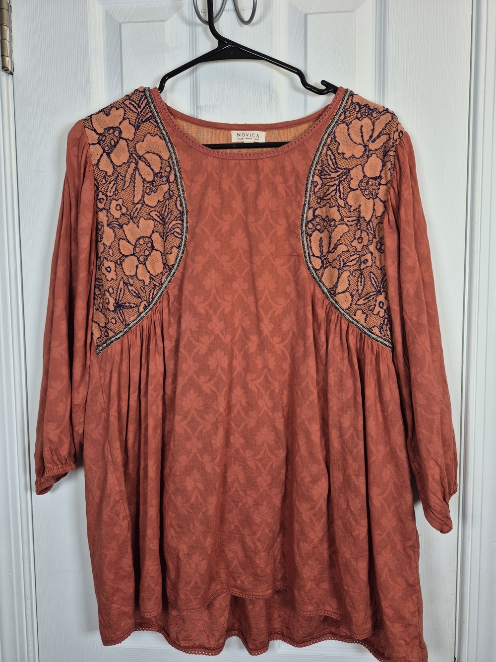 NOVICA Terracotta Floral Lace Beaded Tunic Top Medium Boho Peasant Blouse